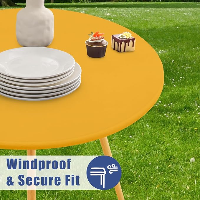 Round Spandex Tablecloth 2 Pack, Elastic Fitted Waterproof Tablecloths for 36"-44" Tables, Stretch Washable Picnic Table Cover for Camping, Dining, Indoor and Outdoor, Mustard Yellow