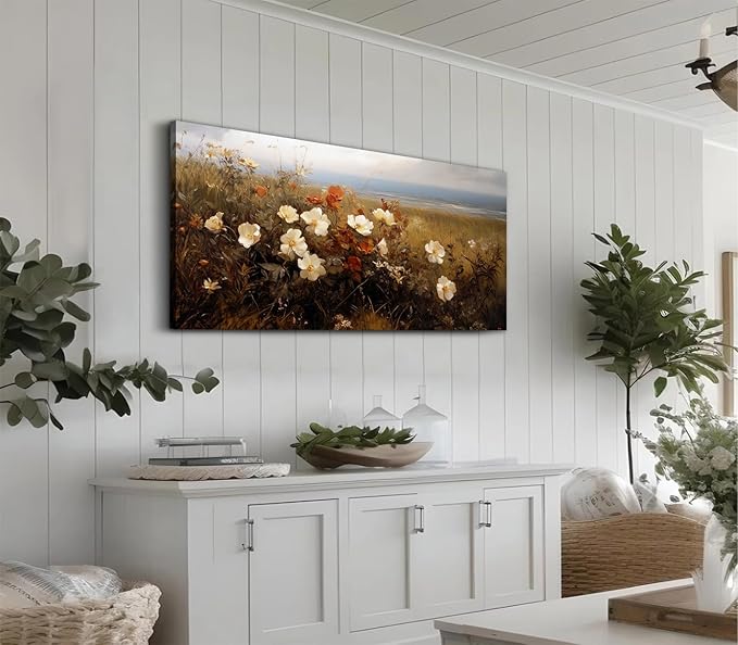 ADJUVANT Wall Art Vintage Coastal Wildflower Field 60"L x 30"W, Seaside Meadow With White And Orange Blooms Canvas Painting Nature Artwork Retro Floral Prints Botanic Wall Decor for Living Room Bedroom