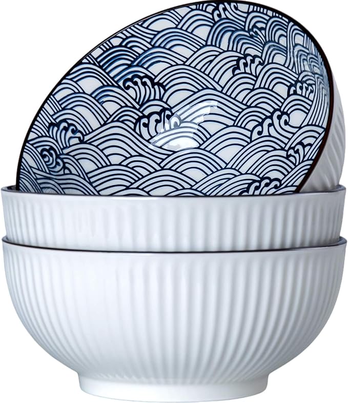 60 oz Large Soup Bowls, Pho Bowls, 8 Inch Blue and White Ceramic Japanese Ramen Bowls Set of 3 - Wave Pattern