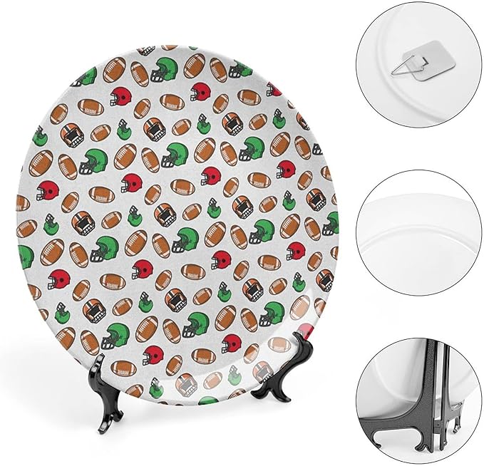 Ceramic Plates, American Football Decorative Ceramic Plates, Cartoon Style Rugby Icons Balls American, 8 Inch, for Dining, Parties, Wedding, Multicolor