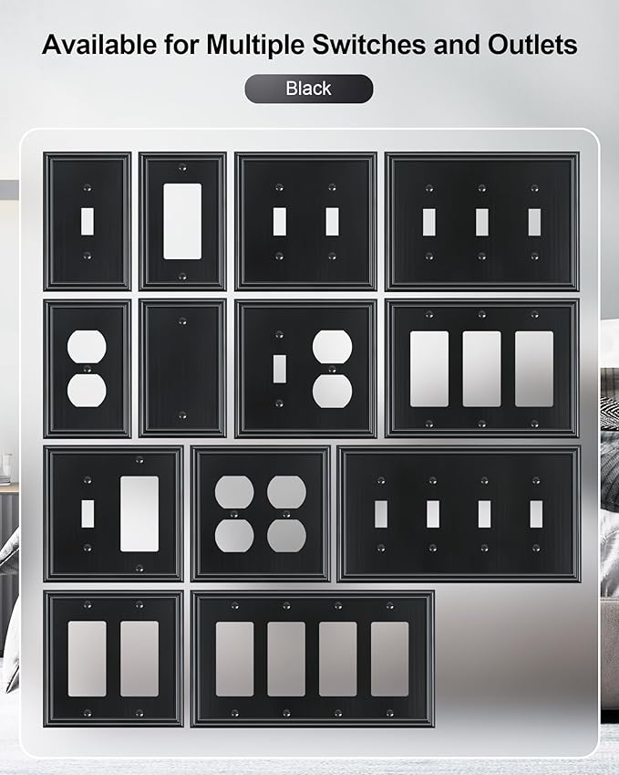 6-Pack Decorator Outlet Cover Plate, Black Decorative Switch Plates and Outlet Covers, Durable Zinc Alloy Wall Plates for Electrical Outlets, Receptacle, GFCI Outlet, Dimmer Switch