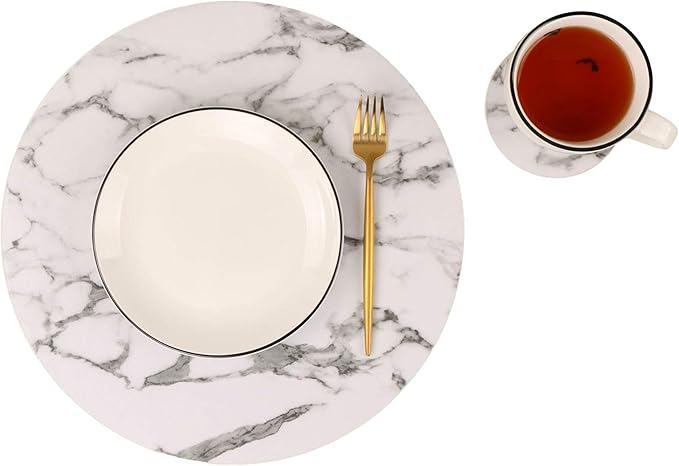 Set of 8 Marble Round Placemats and Coasters, Faux Leather Waterproof Table Mats, Easy to Wipe Off for Kitchen Dining Round Table