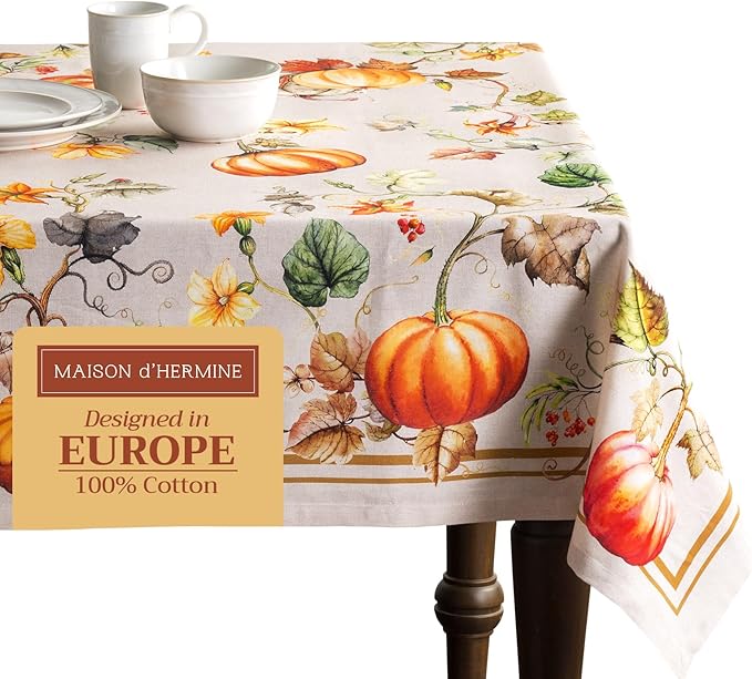 Maison d' Hermine Table Cloth Square Table 100% Cotton 54 x 54 Inches Fall Tablecloth Reusable Everyday Use for Thanksgiving Christmas Decorations Dining Farmhouse Party (Potiron)
