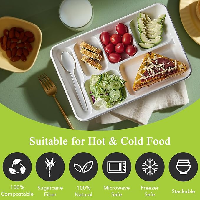 three leaf 6 COMPARTMENT BAGASSE TRAY 50 Ct. Heavy-Duty- Super Strong- Natural- Eco-Friendly Disposable Bagasse Plates, 100% Biodegradable 6 Compartment meal Plates