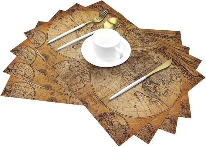Vintage World Map Placemats Set of 6 Old Paper Retro Style Nostalgic Historical Wipeable Table Mats Reusable Washable PVC Rectangle Place Mats for Kitchen Dining Home Decor 12x18 Inches