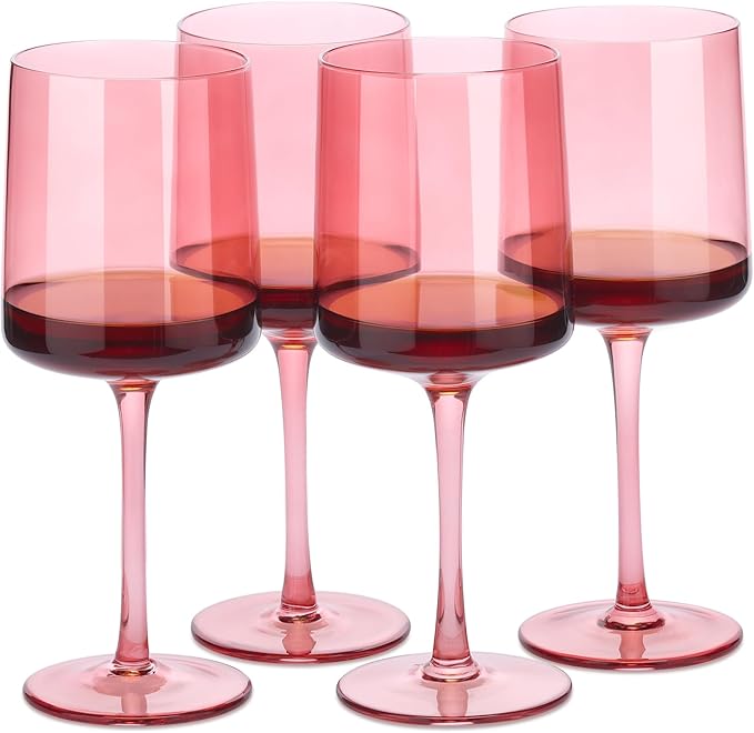 Navaris Pink Stemmed Wine Glasses - Set of 4 - Coloured Wine Glasses with Stems - Stylish Design Glassware for Serving Wine, Cocktails, Dessert