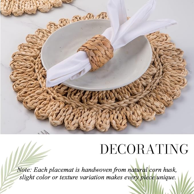 11.8" Set of 4 Round Corn Husk Placemats | Boho Woven Rattan Table Mats | Farmhouse Wicker Spring Plate Chargers Like Water Hyacinth, Seagrass for Wedding, Party, Christmas, Events
