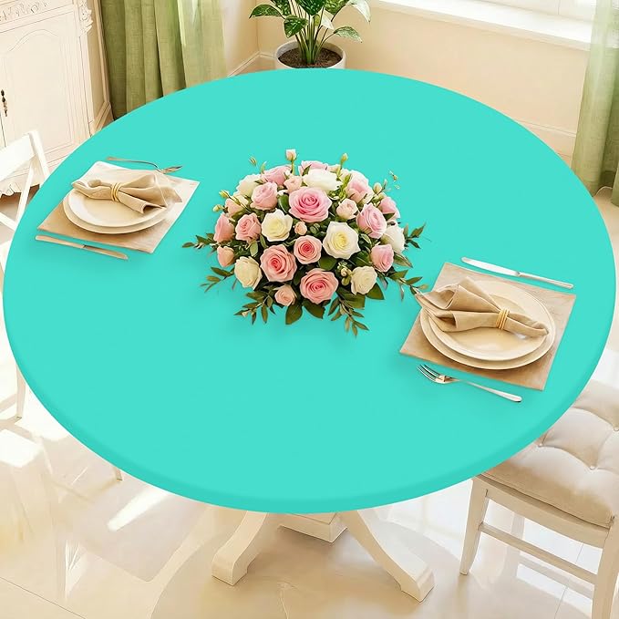 Round Spandex Tablecloth, Elastic Fitted Waterproof Tablecloths for 31"-35" Tables, Stretch Washable Picnic Table Cover for Camping, Dining, Indoor and Outdoor,Aqua Blue