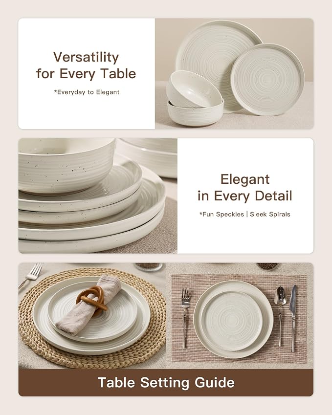 Stoneware Dinnerware Sets for 6, Plates and Bowls, Cream | 18-Piece Ceramic - Image 3