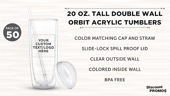 Custom Tall Orbit Acrylic Tumblers 20 oz. Set of 50, Personalized Bulk Pack - Perfect for Iced Coffee, Soda, Other Hot & Cold Beverages - Clear