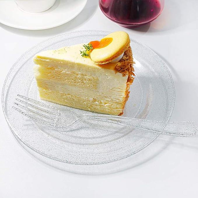 I00000 144Pcs Silver Glitter Dessert Plates Set, Includes 72Pcs Plastic Dessert Plates 7.5",72Pcs Silver Forks 7.4", Plastic Salad Plates for Birthday, Wedding & Party