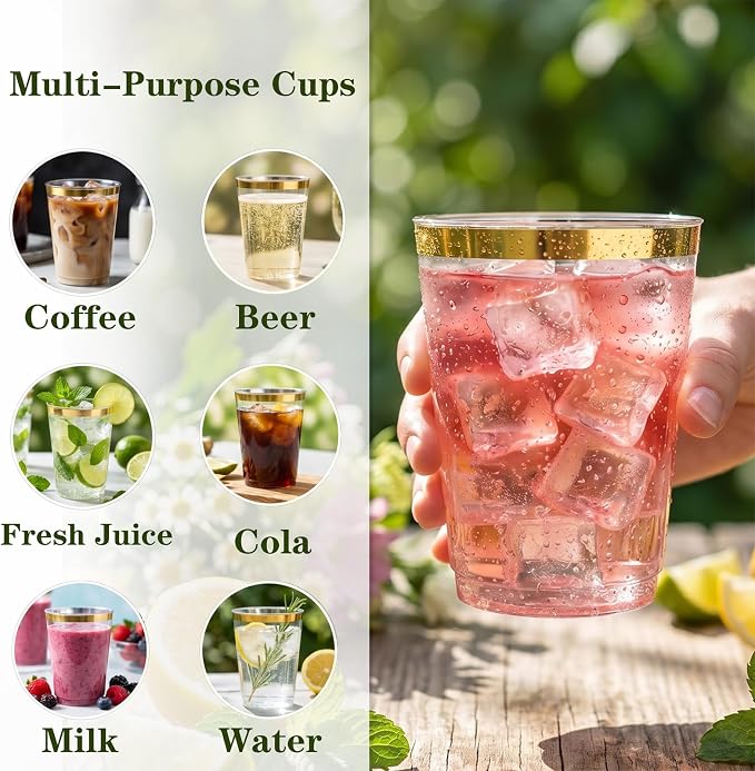 DaYammi 200 Pack Gold Plastic Cups 10 Oz Clear Cup Gold Rimmed Disposable Wine - Image 6