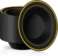 Jinei 150 Pieces 6 oz Plastic Bowls with Rim Small Disposable Soup Bowls for Dessert Salad Soup Candy Wedding Thanksgiving Catering Holidays Party Supplies (Black,Gold Rim)