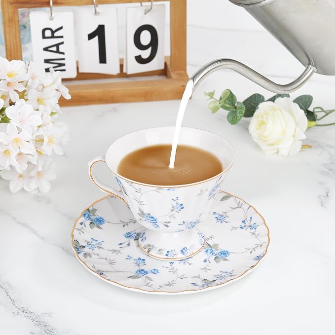 fanquare White Tea Cup and Saucer, Vintage Blue Floral Print Tea Cups - Image 4