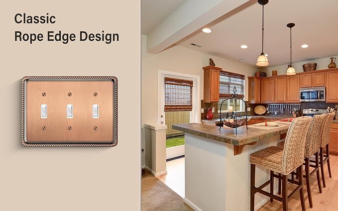 Henne Bery Rope Edge Decorative Wall Plate Switch Plate Outlet Cover (Triple Toggle, Antique Copper)