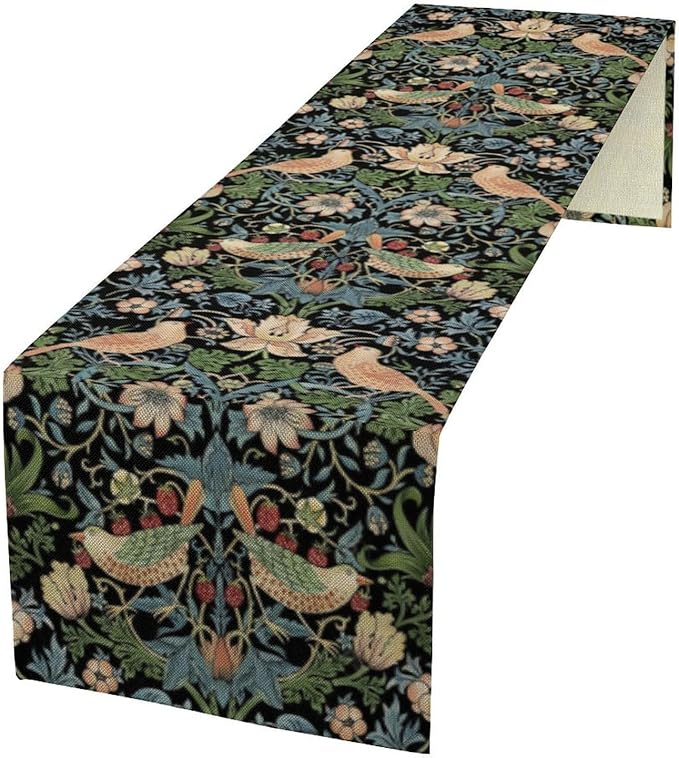 William Morris Floral Table Runner, Strawberry Thief Birds in Green and Blue by Yearn+Jear
