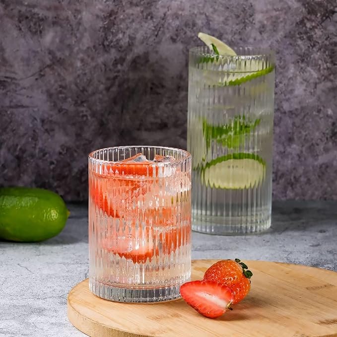 WHJY Ribbed Glassware Highball Glasses Unique Everyday Drinking Glasses Short Glasses Cups Set of 4 for Cocktail, Whiskey, Beer, Juice - 8.8oz 3.7"