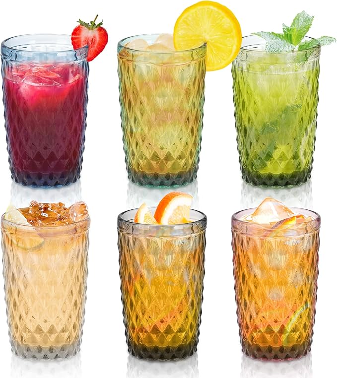 Topsky Highball Drinking Glasses Set of 6,12 oz Colored Glassware with Geometric Diamond Pattern,Embossed Diamond Tumblers,Blue Vintage Glassware Set for Beer,Juice,Cocktail