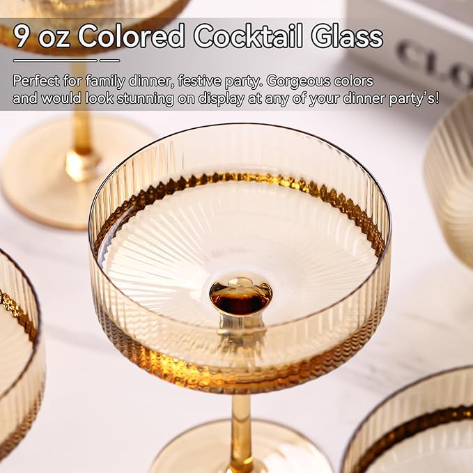 Amber martini glasses Vintage Art Deco Amber Coupe Glasses Set of 6 Ribbed Martini Cocktail Glasses 9 oz|Vintage Cocktail Glasses Set,Unique Pink Coupe Glass, Classic Cocktail Galssware