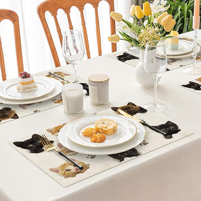 Cat Placemats Set of 4, Cute Black Cats Table Mats, Animal Washable Place Mats for Coffee Bar Home Party Indoor Kitchen Dining Table Decoration 12x18 Inch