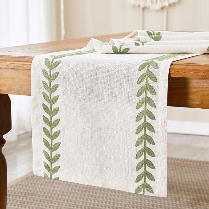 Embroidered Table Runner, Light Green Table Runners 108 Inches Long | Linen - Image 5