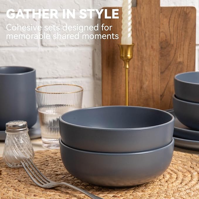 12-Piece Matte Blue Dinnerware Set,Stoneware Dinnerware for 4, Microwave & Dishwasher Safe, Stackable Design for Kitchen and Dining - Plates and Bowls