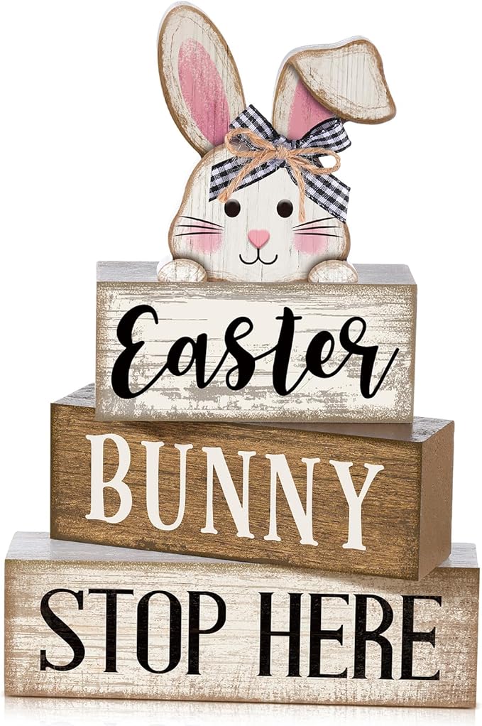 Moucuny 4 Pcs Easter Bunny Table Decoration Stacked Wooden Bunny Block Decor by Moucuny