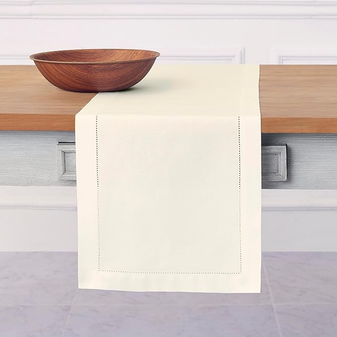 Solino Home Cotton Linen Dining Table Runner Ivory Hemstitch, 14 x 108 in | by SolinoHome