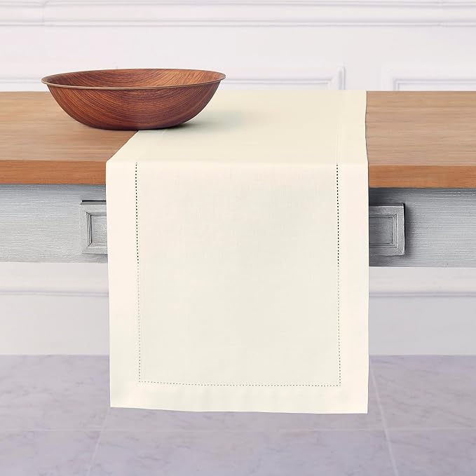 Solino Home Cotton Linen Dining Table Runner Ivory Hemstitch, 14 x 72 in | by SolinoHome