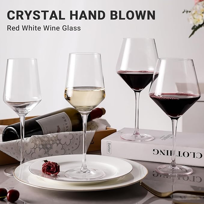Physkoa Wine Glass Set of 4 – 2 Red Wine (23oz) & 2 White Wine (14oz) Hand-Blown Crystal Glasses with Corkscrew, Perfect for Christmas, Wedding & Housewarming Gifts