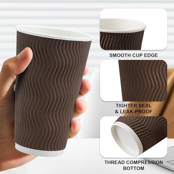 Clawsoff 500 Pack 16oz Insulated Disposable Paper Coffee Cups Brown | Thick - Image 3