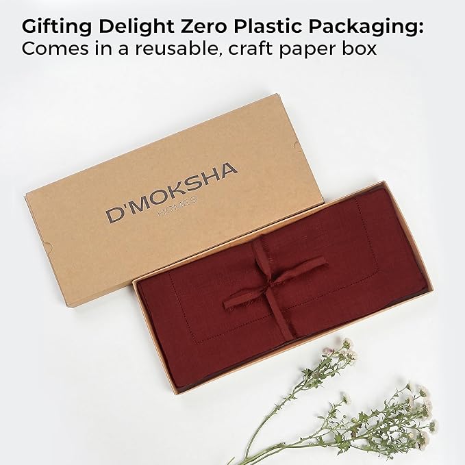 D'Moksha Homes Linen Dark Red Table Runner 108 Inches Long - 100% Pure Linen 14 x 108 Inch Table Runner for Valentines, Spring - Classic Hemstitch