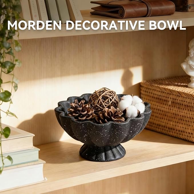 Pedestal Decorative Bowl Home Decor - Morden Handmade Decorative Fruit Bowl for Kitchen Counter, Chic Ruffle Bowl Centerpiece Decor for Dining Table Coffee Table (Starry Black