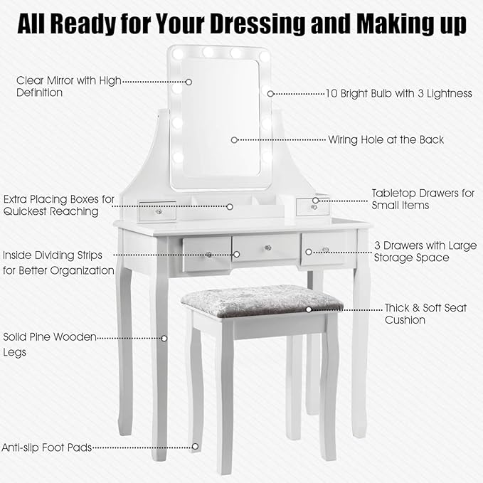 DORTALA Vanity Table Set w/ 360-Degree Rectangular Mirror & Cushioned Stool, Makeup Table w/ 10 LED Dimmable Bulbs, Bedroom Wood Dressing Table w/ 5 Drawers & Removable Box Organizer, White
