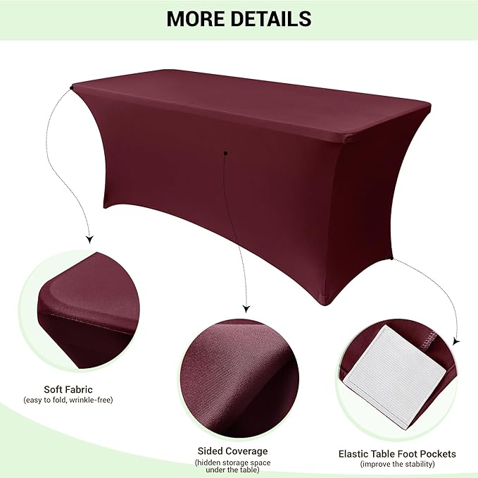 Obstal 6 Pack Stretch Spandex Table Covers for 8 Foot Tables - 8 FT Universal Rectangular Fitted Tablecloth Protector for Wedding, Banquet, Party, Wine Red, 96 Length x 30 Width x 30 Height Inches