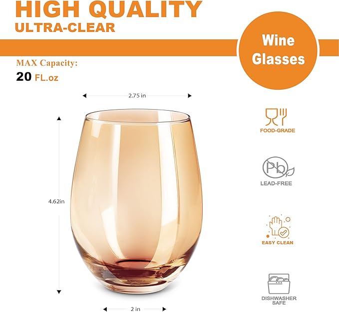 LUXU Amber Stemless Wine Glass(Set of 4)-20 Ounces,Colored Water Juice Drinking Glasses,All-Purpose Glass Wine Tumblers,No Stem Glass Beverage Cups,Perfect for Home,Bar,Restaurants and Parties