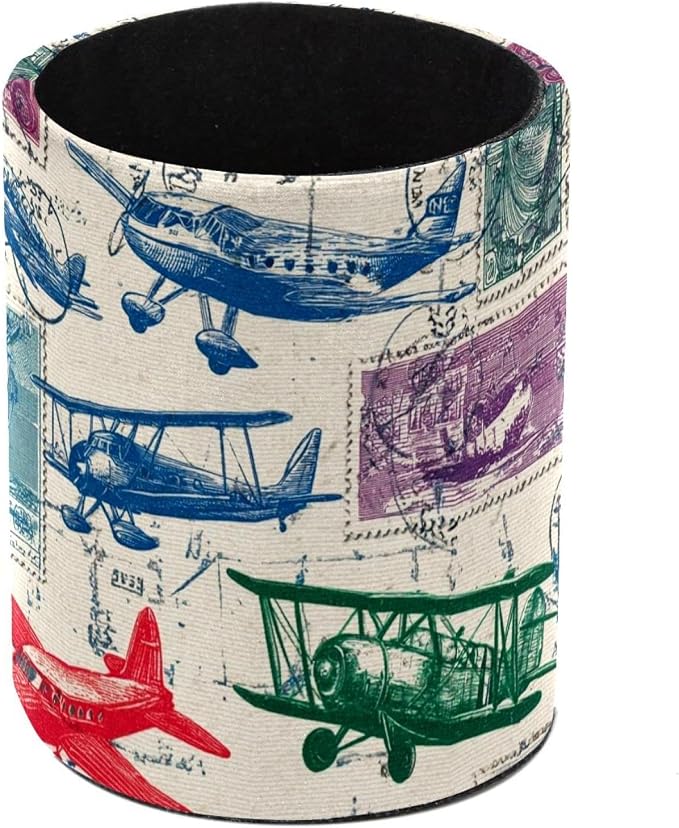 Leather Pen Holder for Desk, Airplane Retro Stamps Pencil Cup Pen Organizer by Unknown