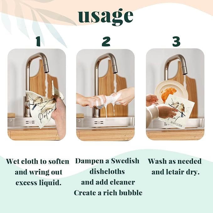 Bird Scripture Swedish Dishcloths for Kitchen, Swedish Dish Cleaning Cloths for Spring，Papaya Reusable Paper Towels, 4 Pack Dish Towels for Kitchen, Reusable Paper Dishcloths Washable