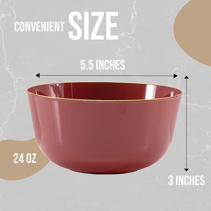 Trendables 24 oz Plastic Bowls Set - Fancy Serving Bowls - Perfect for Ice Cream, Salad, Candy - Disposable (10, Burgundy Gold Rimmed)