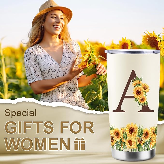 Sunflower Gifts for Women - Personalized Christmas Gifts for Women - Birthday Gift for Woman - Mothers Day Gift for Mom - Monogrammed, Initial 20oz Travel Cup Insulated Tumbler with Lid, A