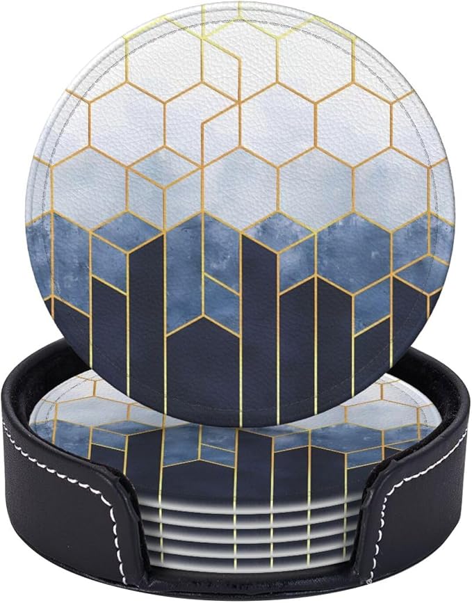 6 Pcs Blue Gold Marble Geometric Hexagons Leather Coasters by CAPVKING