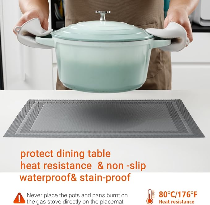 Placemats Set of 6,Washable,Heat and Stain Resistant Indoor/Outdoor Place mats,Vinyl Woven Non Slip Table Mats for Restaurant Table Protection,PVC Placemats(Gray,6PCS)