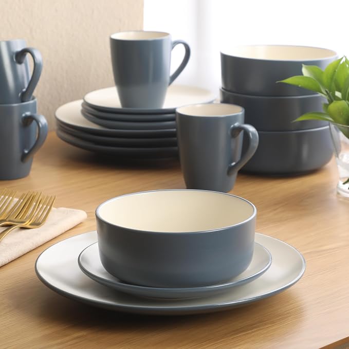 Gibson Elite Oxford Blue Plates and Bowls Sets, 16 Piece Stoneware Dinnerware - Image 6
