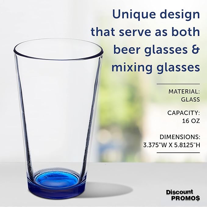 DISCOUNT PROMOS Beer Pint Glasses 16 oz. Set of 10, Bulk Pack - Heavy Duty Glassware for Restaurant, Thick Base and Walls, Stackable - Blue