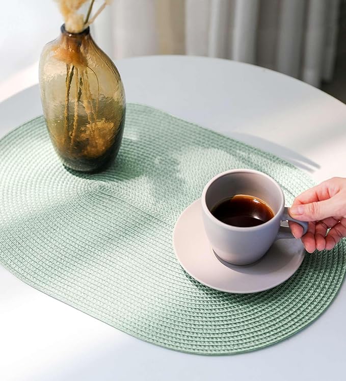 FunWheat Oval Braided Placemats Set of 8 Table Mats for Dining Tables Washable Heat Resistant Place Mats for Indoor Outdoor Use 12 x18 Inch(Oval Fog Green, 8pcs)