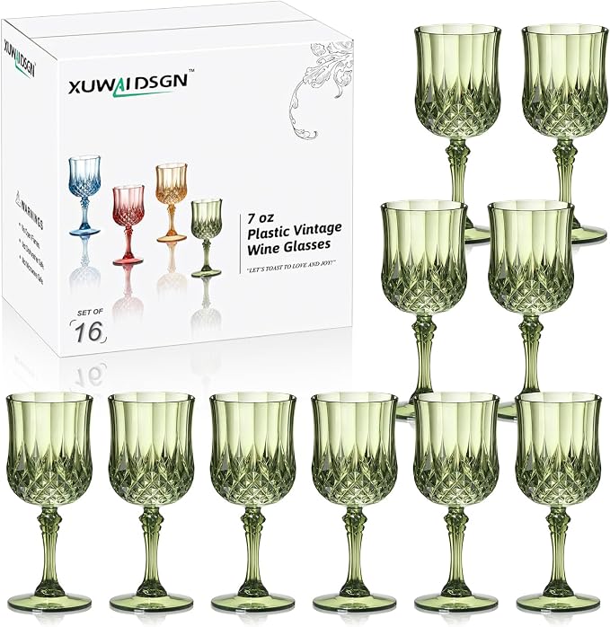 XUWAIDSGN 16 Pcs 7oz Plastic Vintage Wine Glasses Drinking Glasses Unbreakable by XUWAIDSGN