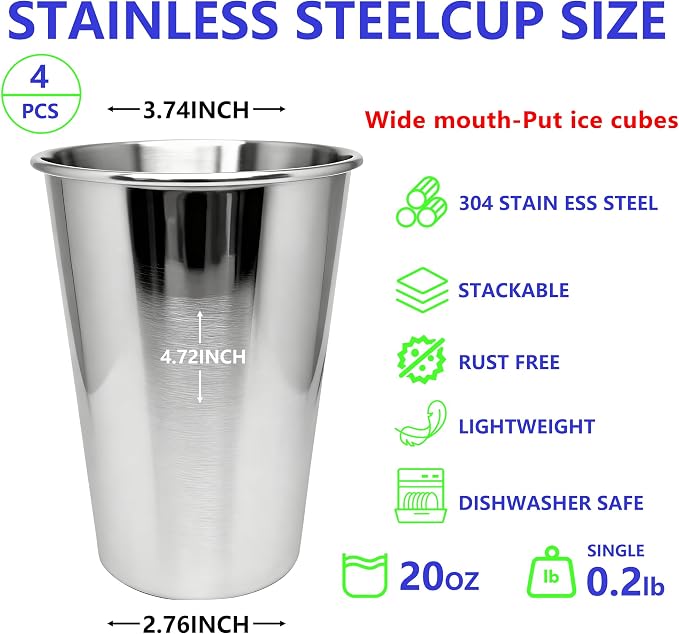 20oz 4PCS Stainless Steel Pint Cups, Reusable metal Cups, Drinking | Pint - Image 3