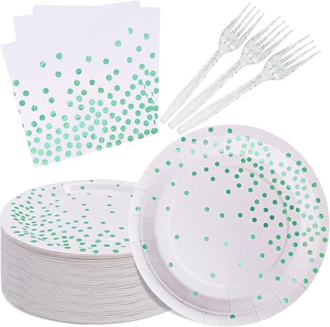 Green Party Supplies,White and Green Dot Plates and Napkins for Birthday Wedding All Occasions(Serve 35 Guests 7 Inch)