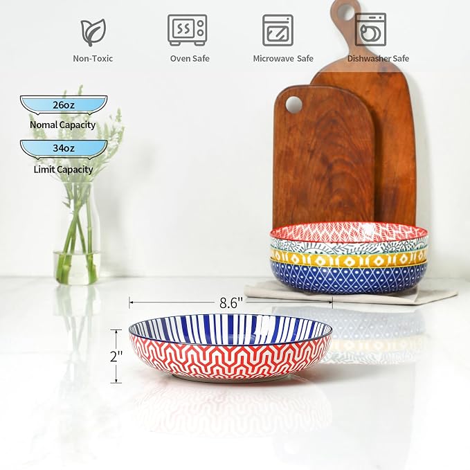Selamica Ceramic Pasta Bowls Set of 4, 34 OZ Salad Bowls, 8.6 Inch Wide and - Image 3