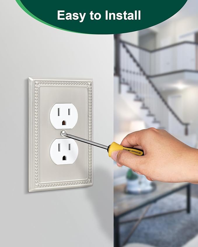 2-Pack Duplex Outlet Cover Plate, Metal Wall Plates for Electrical Outlets, Brushed Nickel 1 Gang Receptacle Cover, Pearls Decorative Switch Plates and Outlet Covers